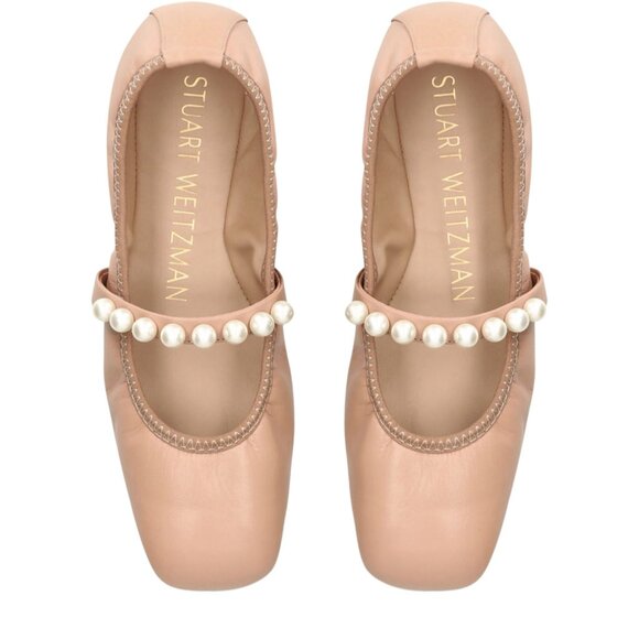 STUART WEITZMAN Goldie faux pearl-embellished leather ballet flats Sz 7 - Picture 1 of 7